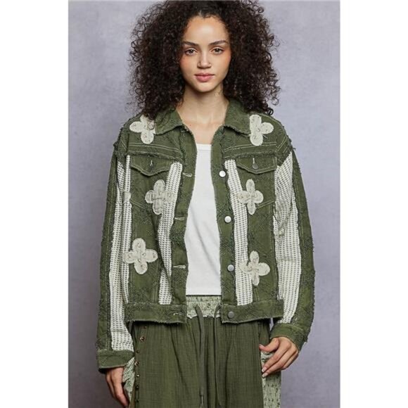 POL Button Down Raw Hem Jacket with Floral Patch - Picture 1 of 5